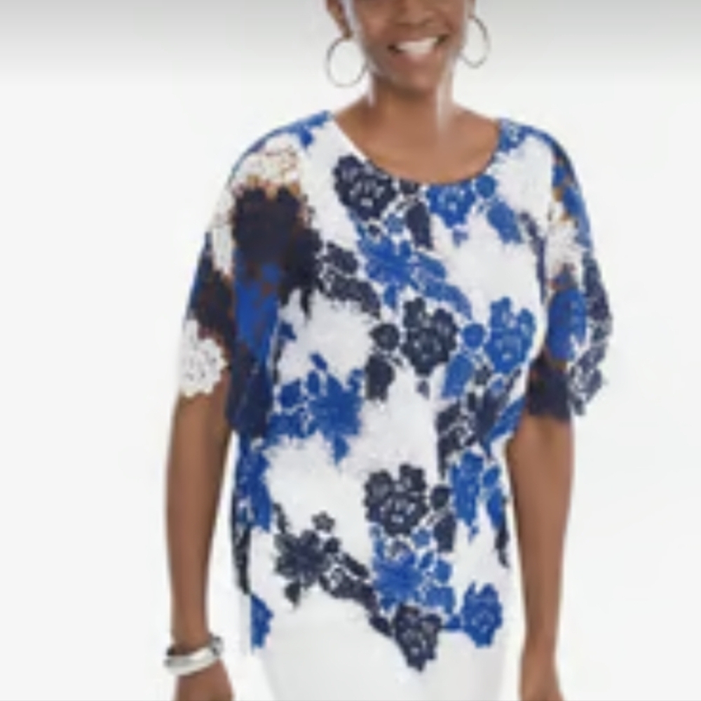 Chico's‎ Womens White Blue Lace Floral Lined Blouse Scalloped Top Size 1